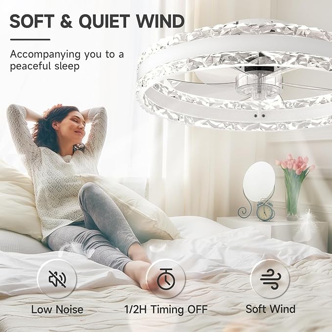 VOLISUN Low Profile Ceiling Fans with Light and Remote, 19.7in Fandelier Ceiling Fan with Light, 3000K-6500K Dimmable Flush Mount LED Ceiling Fan Light, White Modern Ceiling Fan Light for Bedroom