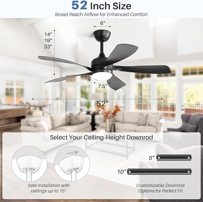CACI Mall 52 inch Smart Ceiling Fan with Lights, Remote Control, Compatible with Alexa/Google/App, 5 Blades, Dimmable Lighting, Quiet, Indoor/Outdoor Ceiling Fans for Living Room, Bedroom, Patios