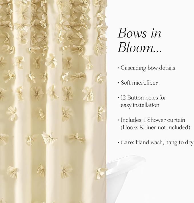 Lush Decor Riley Shower Curtain, 72" W x 72" L, Buttercream - Bathroom Curtain - Coquette Decor - Bow Shower Curtains - Cottage Core - Fabric Shower Curtains