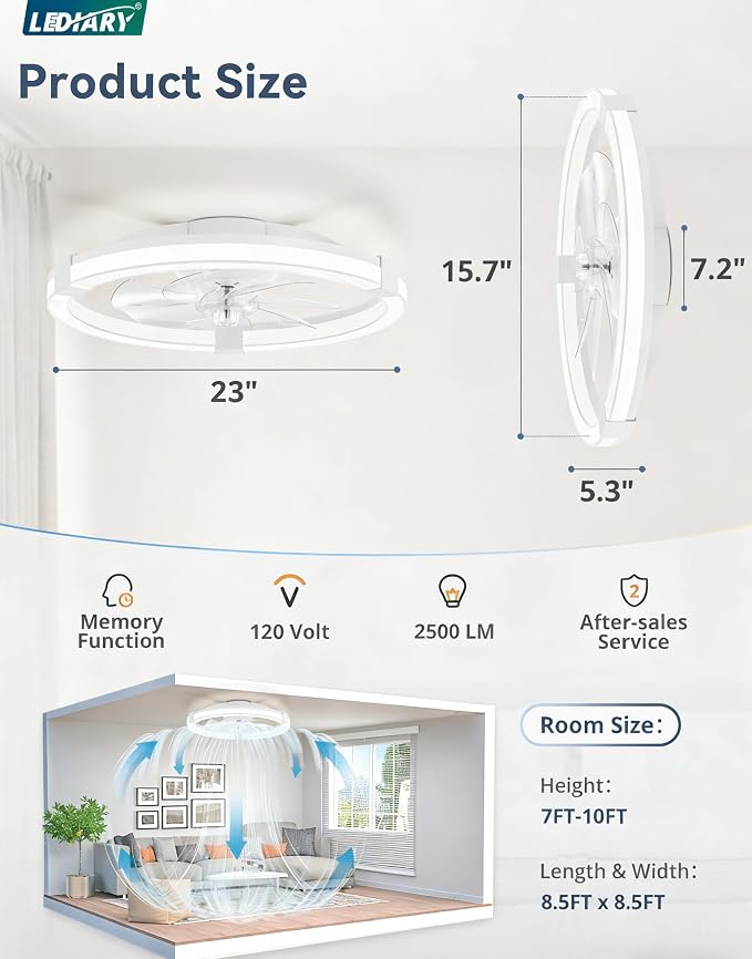 LEDIARY Ceiling Fans with Lights, 23 Inch Low Profile Ceiling Fan with Remote, 6 Speeds, Reversible, Dimmable Flush Mount Fan Light, Modern Fandelier Ceiling Fan with Lights for Bedroom, White