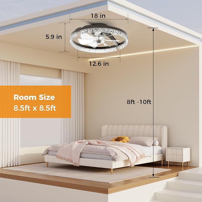 Ceiling Fans with Lights and Remote, Low Profile Ceiling Fan, Morden Flush Mount LED Fan Light, 3000K-6500K Dimmable for Bedroom, Kitchen, Living Room, Srystal, Black