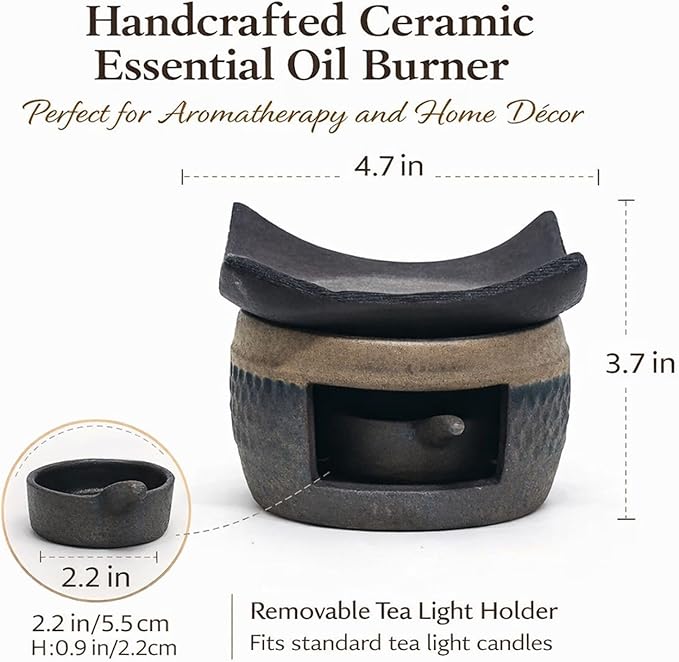 Zen Ceramic Incense Holder with Wooden Tongs, Tealight Wax Warmer and Essential Oil Burner for Wax Melts, Dried Herbs and Palo Santo, Aromatherapy Stove for Bedtime Calm, Meditation, Home and Office