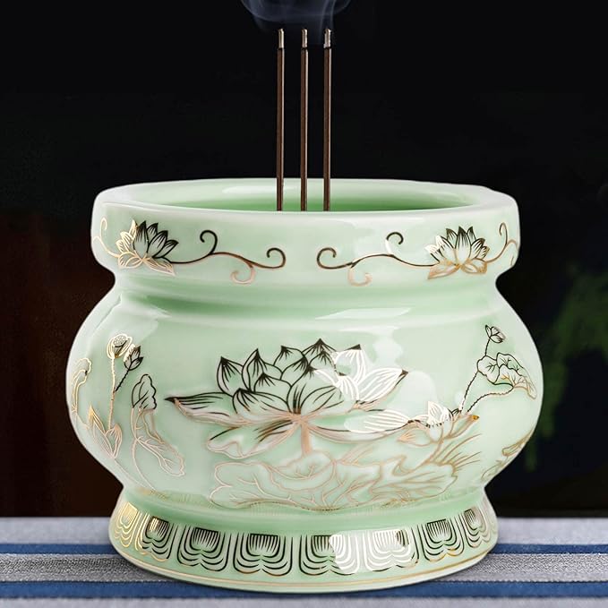 Houlu Small Green Ceramic Incense Burner Pot for Praying Buddha, Tibetan Buddhist Altar Worship Incense Censer - 4 Inches