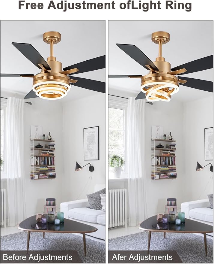 Bella Depot 52 Inch Gold Ceiling Fan Modern Chandelier Ceiling Fan with Dimmable Light, 6-Speed, Reversible, Timing Option - Ideal for Bedroom Living Room