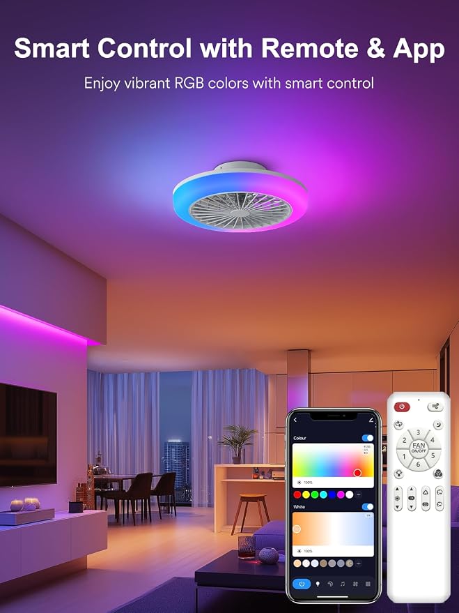 18 Inch Smart Bladeless Ceiling Fan with Lights | Low Profile Flush Mount Fandelier, RGBWW Dimmable LED Ceiling Fan, Remote & Bluetooth App Control, 6 Speeds