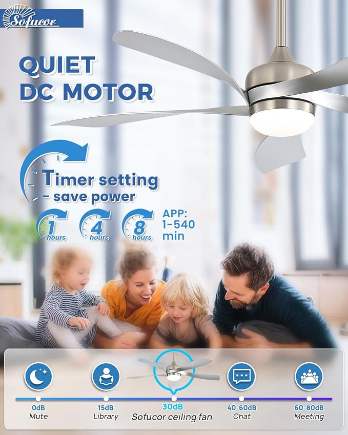 Sofucor 52" Smart Ceiling Fan, Indoor/Outdoor Ceiling Fans with Lights and Remote, Compatible with Alexa/Google/App, 3-Color Light 6-Speed Timing Reversible DC Motor for Bedroom Living Room Patio