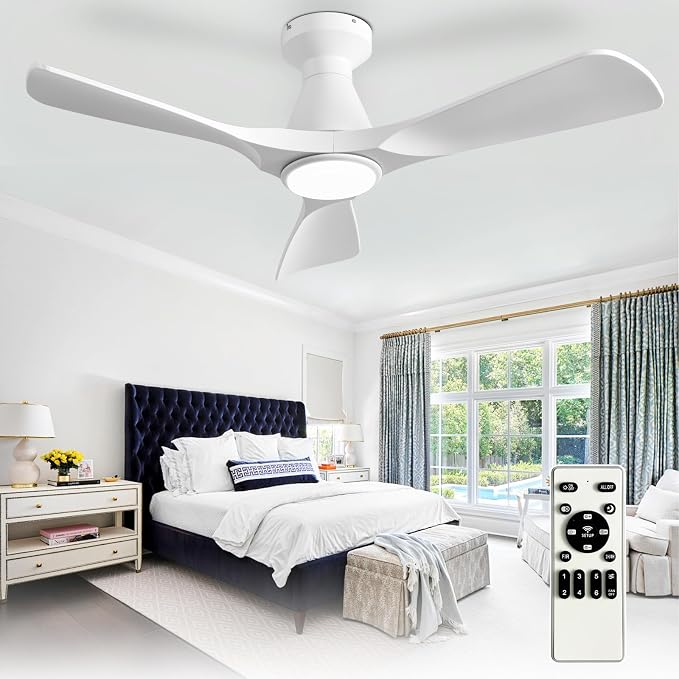 Depuley 42-Inch Ceiling Fans with Lights: White 3 Blade Flush Mount Low Profile Ceiling Fan for Bedroom - Dimmable Indoor Outdoor Fan with Remote Control Ultra Quiet DC Motor Timer