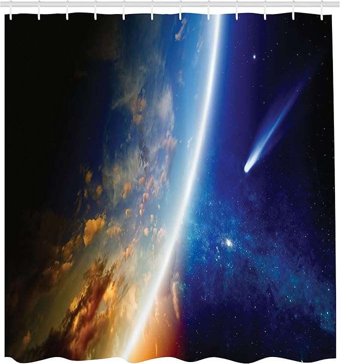 Ambesonne Outer Space Shower Curtain, Comet Approaches Planet Earth Nebula and Stars in Space Picture, Cloth Fabric Bathroom Decor Set with Hooks, 69" W x 70" L, Navy Blue Marigold White