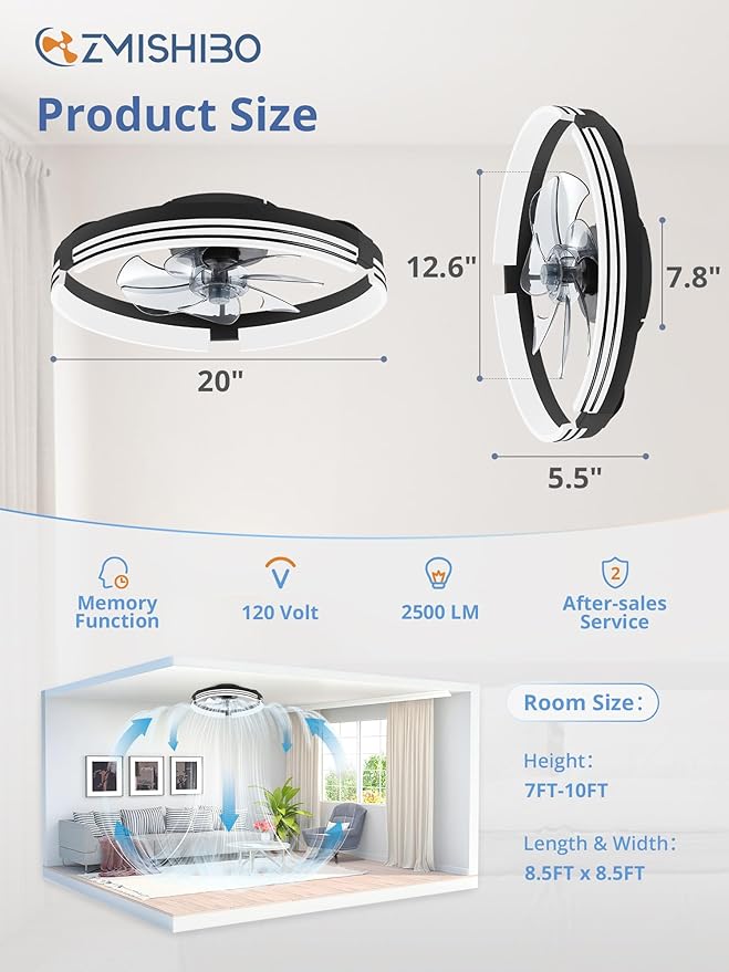 ZMISHIBO Low Profile Ceiling Fans with Lights and Remote, 20 Inch Flush Mount Ceiling Fan with Light, 3000K-6000K Dimmable Fandelier LED Fan Light, 6 Wind Speeds Black Ceiling Fans for Bedroom