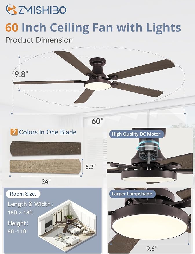 ZMISHIBO 60 Inch Flush Mount Ceiling Fan with Light, Remote&APP, Oil Bronze | 6-Speed Quiet DC Motor, Dimmable 24W LED with 3CCT (3000K-6500K), Modern Low Profile for Living Room, Bedroom, Kitchen
