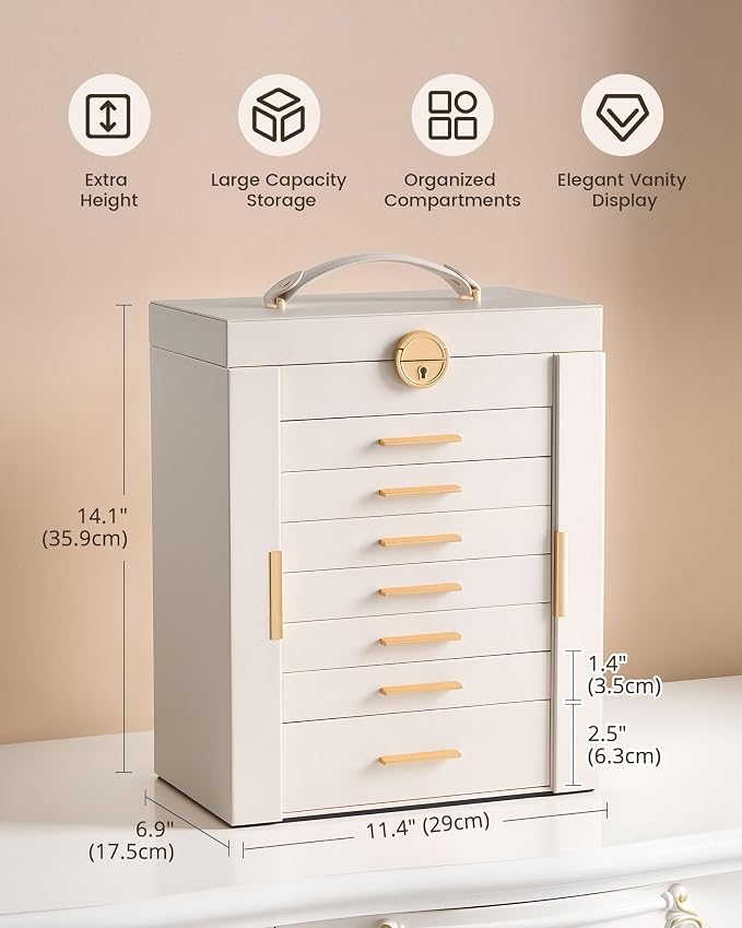 Lolalet Large Jewelry Box Organizer for Women, 8-Layer Jewelry Organizers and Storage Case with Mirror & 7 Drawers, Lockable Watch Ring Earring Bracelet Necklace Holder Girls Gift -8Layer, Beige