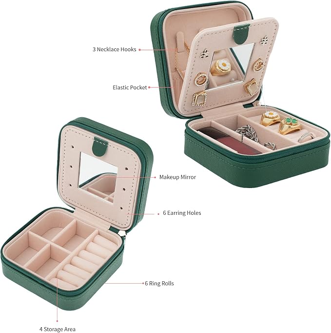 KElofoN Travel jewelry case Travel jewelry box Travel Jewelry Organizer Small box Gift for Girls Women with Mirror(Green)