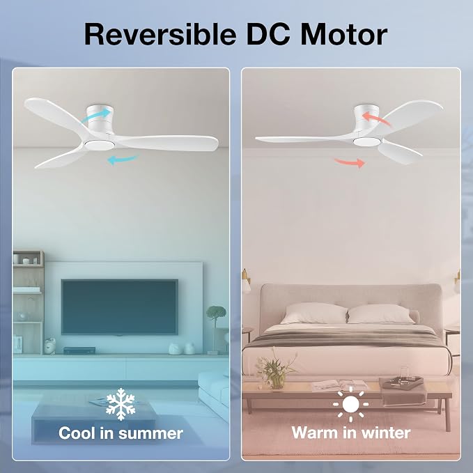 52” Smart Wood Ceiling Fans with Lights Remote,Low Profile Flush Mount Ceiling Fan with Alexa App Control,3 White Blades,Outdoor Indoor Use for Modern Bedroom Patio,Dimmable LED,6-speed,Quiet DC Motor