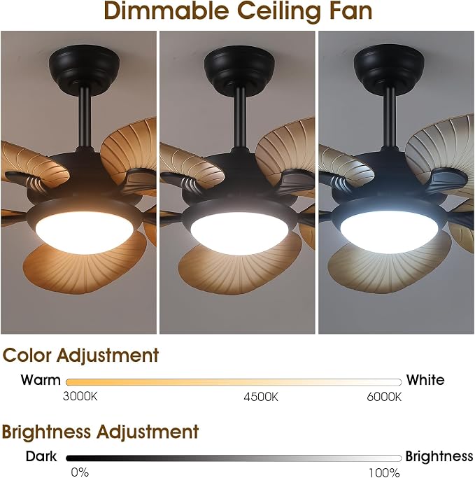 Wiviniya Tropical Ceiling Fans with Lights, 44 Inch Palm Leaf Outdoor Ceiling Fan with Light for Patios Porch Bedroom, Remote/APP Control, Reversible Quiet DC Motor, Dimmable LED, Wood Grain