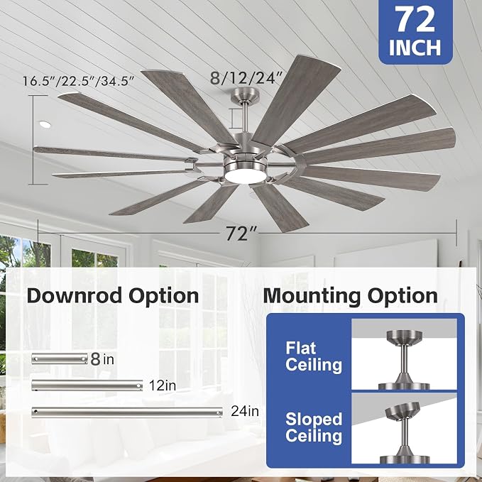 72'' Farmhouse Ceiling Fan with Light,12 Dual-Finish Wind Mill Blades, 3 Downrods, 6-Speed Reversible DC Motor, High CFM, 3CCT, Indoor Outdoor Modern Industrial Fans for Patio Commercial Shop Garage