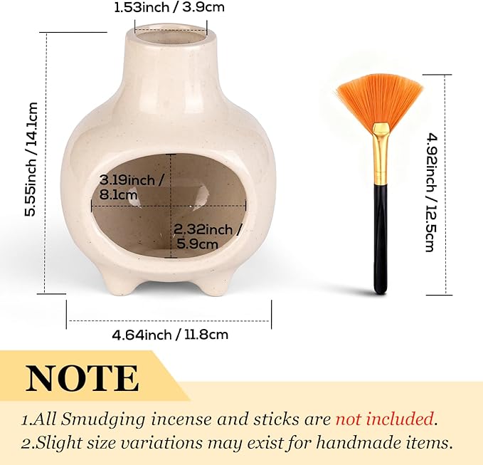 Ceramic Palo Santo Holder Burner with Chimney, Handcrafted Smudge Bowl Ash Catcher for Sage, Incense Cones & Candles, Palo Santo Sticks, for Home, Yoga, Meditation & Spiritual Ceremony (Beige)