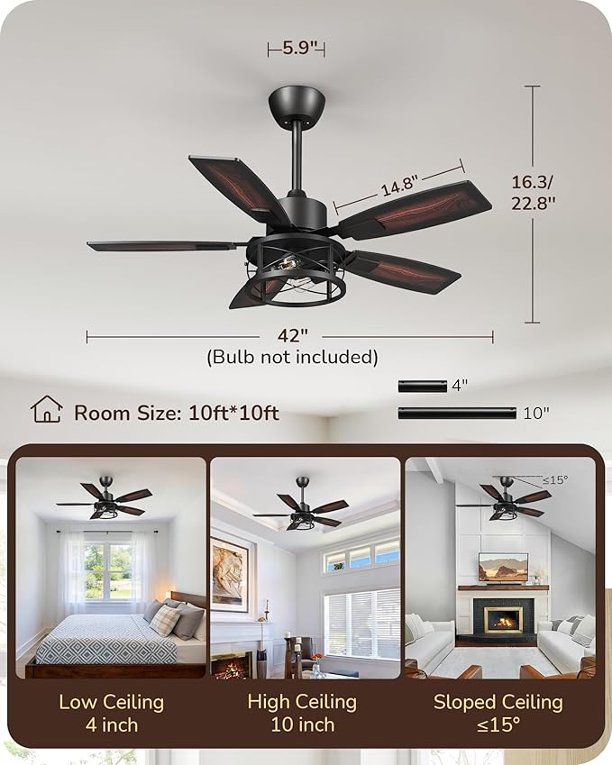 EDISHINE 42" Farmhouse Ceiling Fans with Lights and Remote, 10%-100% Dimmable, Reversible DC Motor, 6 Speed, 5 Wooden Blades, Timer, Rustic Caged Fandelier Ceiling Fan for Living Room, Bedroom