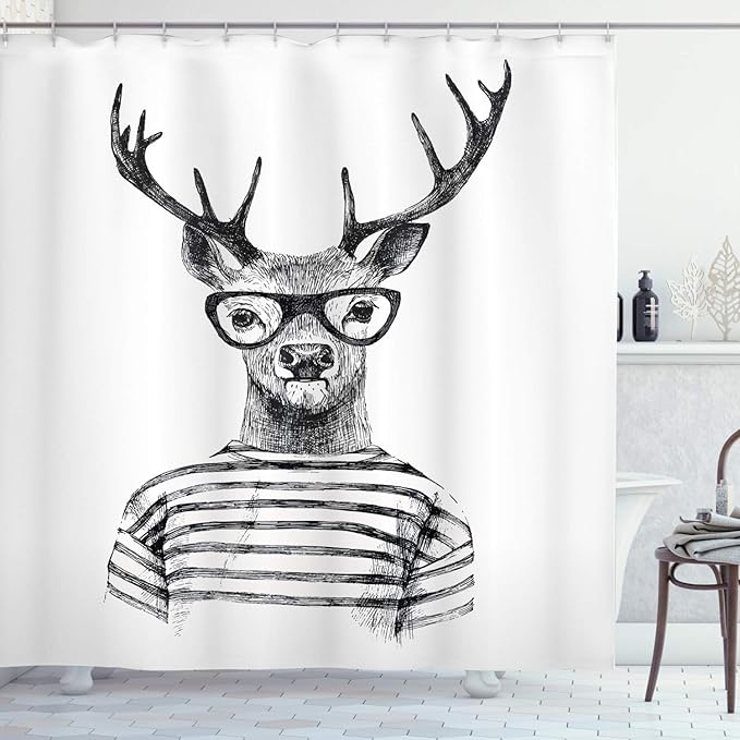 Ambesonne Deer Shower Curtain, Dressed up Reindeer Headed Human Hipster Style with Glasses Stripped Shirt, Cloth Fabric Bathroom Decor Set with Hooks, 69" W x 84" L, Charcoal Grey