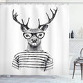 Ambesonne Deer Shower Curtain, Monochrome Sketch Dressed Reindeer Headed Human Hipster Style Glasses Stripped Shirt Portrait, Cloth Fabric Bathroom Decor Set with Hooks, 69" W x 75" L, Charcoal Grey