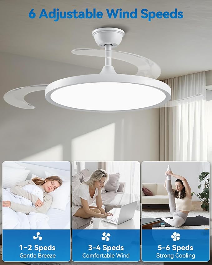 【Larger】48" Retractable Ceiling Fans with Lights, Fandelier Ceiling Fan with Light and Remote, Reversible, 3 CCT, Dimmable, Slim Modern Chandelier for Bedroom, Living Room, Dining Room (White)