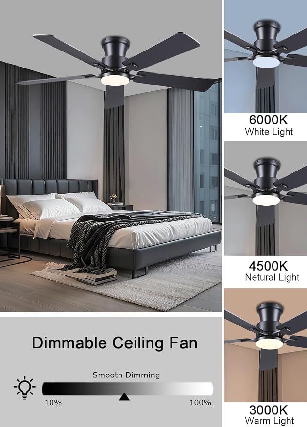 JSAITEE 52" Ceiling Fans with Lights Flush Mount Low Profile, Black | Ceiling Fans with Lights Flush Mount Ceiling Fan,Low Profile,Reversible Motor,3CCT Dimmable,Noiseless, 6 Speeds, Black Modern