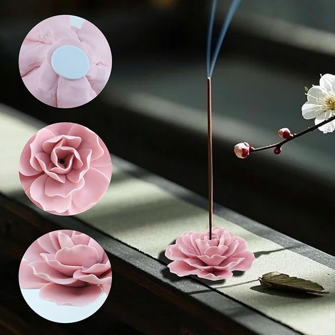 Bitray Pink Incense Holder 3.35" Dia Burner Holder Ceramic Flower Incense Sticks Holder for Yoga Studio