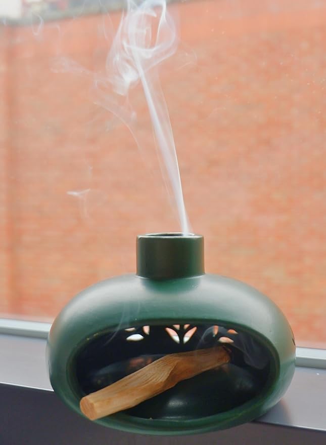 Incense Holder for Palo Santo Sticks Sage Bundles Cone Incense, Handcrafted Ceramic Incense Burner Holder with Chimney, Smudge Bowl for Spiritual Gift, Home Décor
