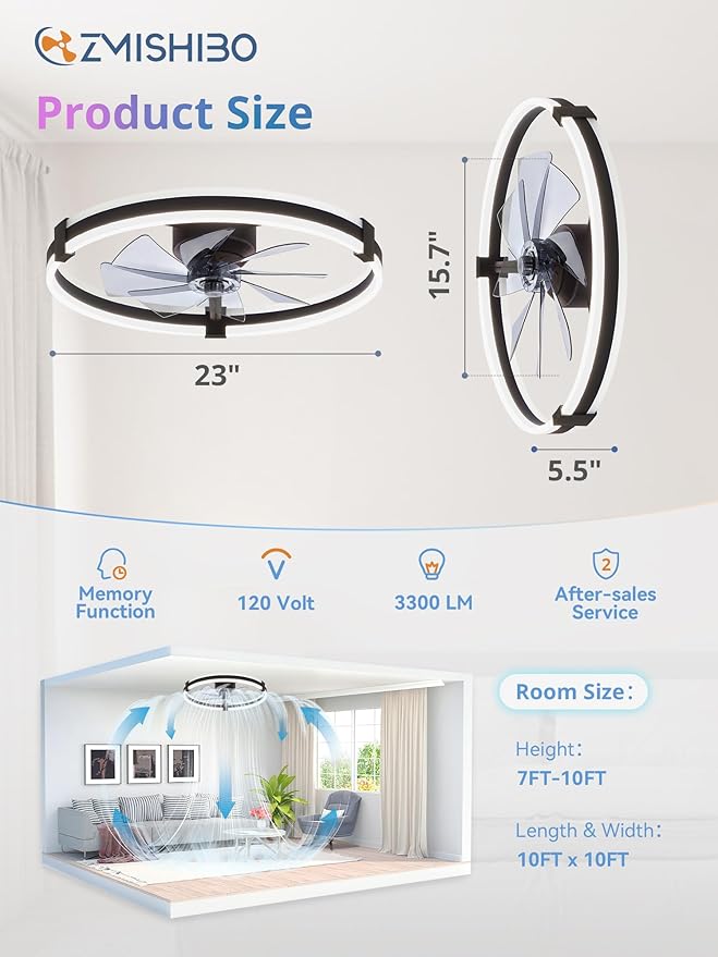 ZMISHIBO RGB Ceiling Fans with Lights and Remote, 23 inch Low Profile Ceiling Fan with Light, 3000K-6000K Dimmable & RGB, Modern Fandelier Flush Mount Ceiling Fan, Small LED Fan for Bedroom,Black