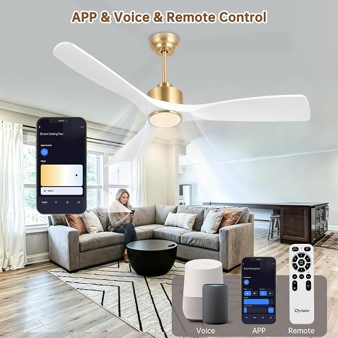 Ovlaim 52 Inch Smart Ceiling Fan with Light Remote, 6 Speed Quiet DC Motor High CFM, 3 Blade Modern White Gold Ceiling Fan for Bedroom Living Room, ETL Certified