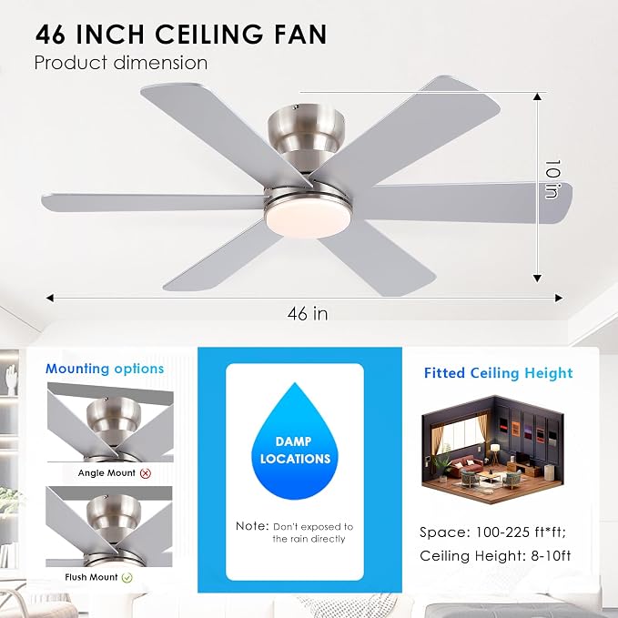 BayDay Ceiling Fans with Lights, Ceiling Fan with Remote APP, Dual-Sided Modern/Rustic, Reversible, 3CCT, Flush Mount Low Profile Ceiling Fan with Lights Bedroom Kitchen Indoor (Nickel, 46 inch)