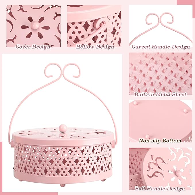 Lallisa Incense Coil Holder Sets, Round Metal Hanging Incense Burner with Handle and Lid, Portable Coil Burner Stand Container for Patio Camping Garden Home Indoor Outdoor Decor(Pink,2 Pcs)