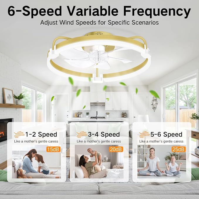 OUTON 20" Ceiling Fan with Light, Remote & App Control, Fandelier Low Profile Flush Mount Ceiling Fan with 3000K-6500K Stepless Dimmable, 6 Speed, Quiet DC Motor, Small Modern Ceiling Fans for Bedroom