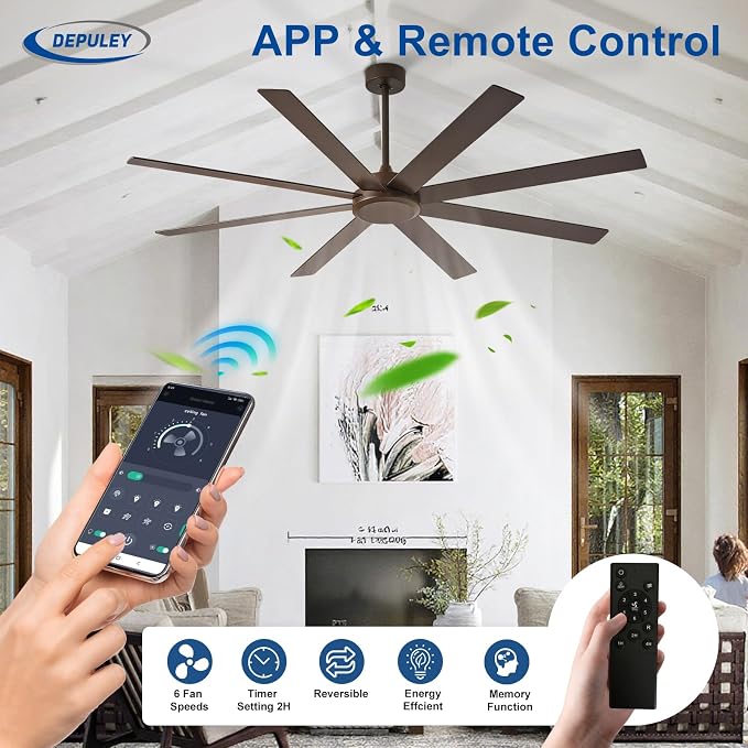 Depuley Large Ceiling Fan without Light: 72 Inch Indoor/Outdoor Fan Reversible DC Motor 6 Speed - Dual 8 Blades Big Ceiling Fans with No Light for Living Room Covered Patio, Brown