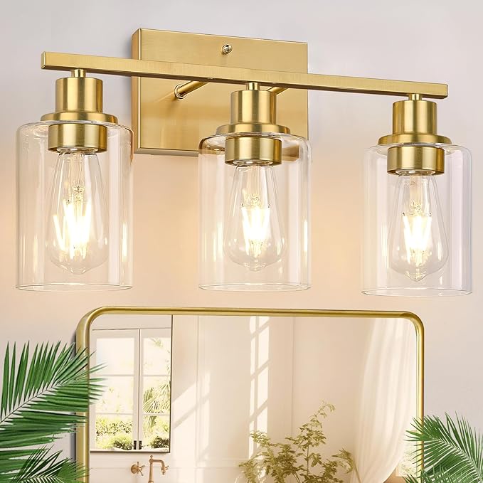 Indoi 3-Light Bathroom Light Fixtures, Brushed Gold Modern Vanity Lights with Clear Glass Shades, Bathroom Wall Lamp for Mirror Living Room Cabinet Bedroom Porch