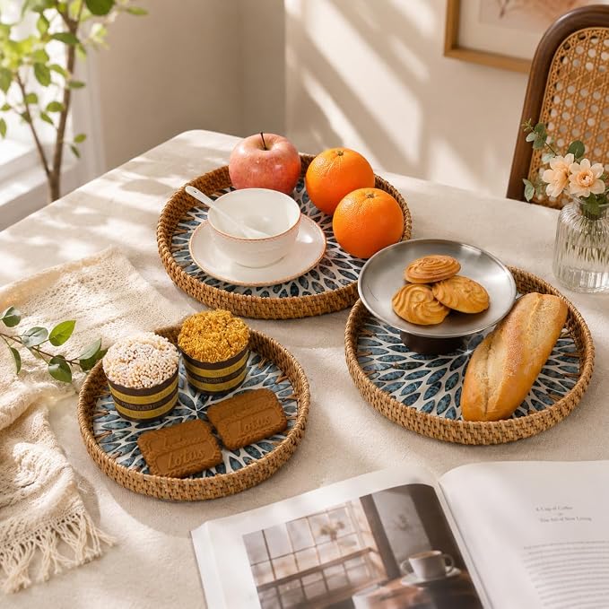 Round Rattan Tray with Mother of Pearl Inlay, Set of 3 Serving Trays for Coffee Table, Decorative Wicker Woven Ottoman Tray for Table Home Decor, Kitchen, Coffee, Bread, Fruits