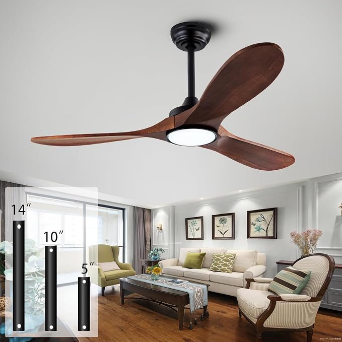 52-inch silent ceiling fan light with remote control, 3CCT, walnut finish. | 3CCT, mobile app, full memory function, for use in living rooms, dining rooms, bedrooms, offices, balconies, and outdoors.
