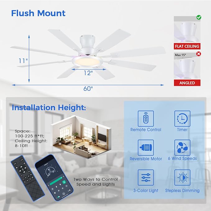 Ayaoty Ceiling Fans with Lights - 60in Flush Mount Ceiling Fan with RGB Dimmable, 3CCT 6 Wind Speeds and Reversible Quiet Motor, Low Profile RGB Fan Light for Modern Indoor, Party - White