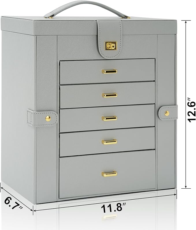 AKOZLIN 6-Tier Jewelry Box Organizer Functional 5 Drawers Leather Jewelry Storage Case for Women Girls Ring Necklace Earring Bracelet Holder Organizer with Mirror Extra Large Grey