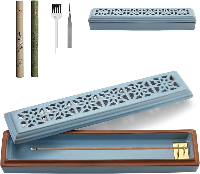 CEREMONY Incense Holder for Sticks, Ceramic Insence-Stick Holder Ash Catcher, Incense Holder Timkburner for Meditation Yoga Spa Room Incense Holder (Lever Blue)