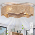 SHLUCE 22" Boho Flush Mount Caged Ceiling Fans with Lights, Rustic Rattan Low Profile Ceiling Fans with Lights and Remote, Bladeless Fandelier Ceiling Fan with Light for Kitchen, Bedroom - ETL