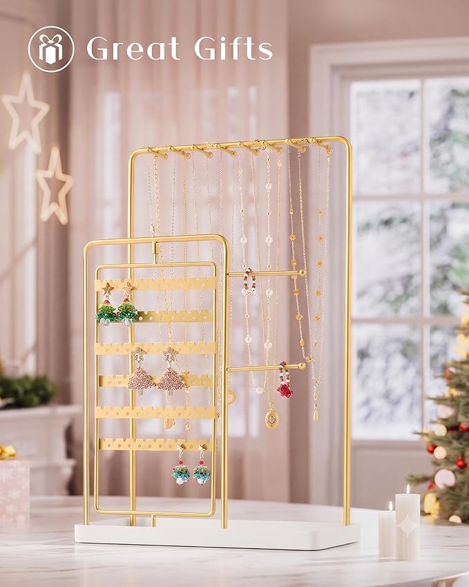 ProCase Jewelry Stand Holder Organizer and Storage, Gold, Large | Rotating Earring Bracelet Holder Storage, Hanging Jewelry Display Velvet Ring Tray, Teen Girls Birthday Gifts Room Dorm Decor