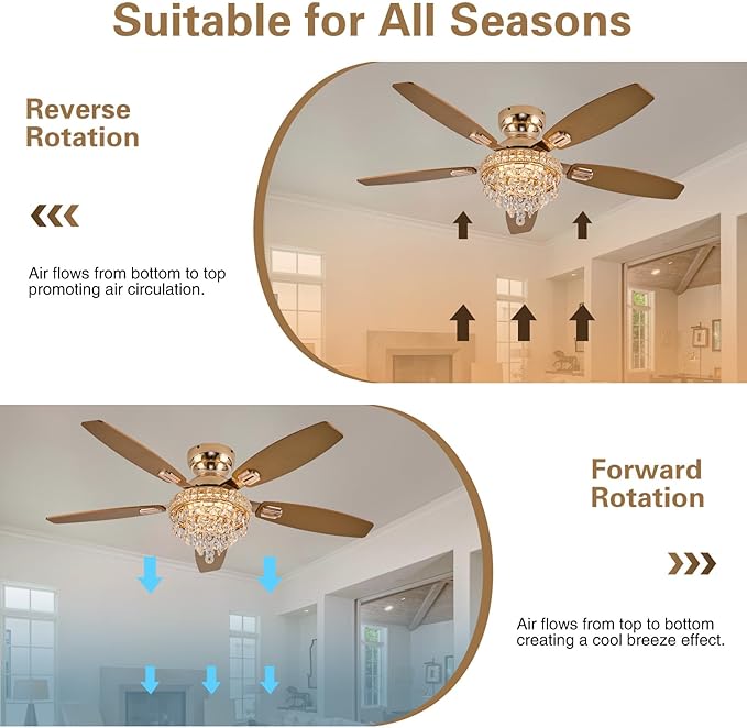 Crystal Ceiling Fan Fandelier with Lights-Ceiling Fans with Lights,54" Low Profile and Remote Control, Flush Mount, Reversible, Dimmable, Noiseless,Gold Ceiling Fan for Bedroom