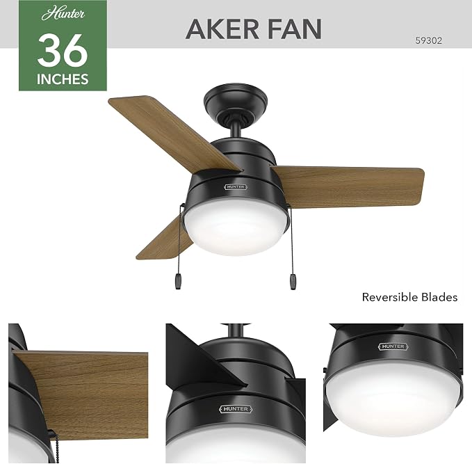Hunter Aker, Indoor, Ceiling Fan, Modern, Small, 36 inch, Matte Black