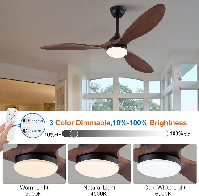 52 inch Ceiling Fans with Lights and Remote Control, Dimmable LED Light, Indoor Outdoor Mordern Black Ceiling Fan with 3 Wood Blade for Patio Living Room, Bedroom, Office, Summer House