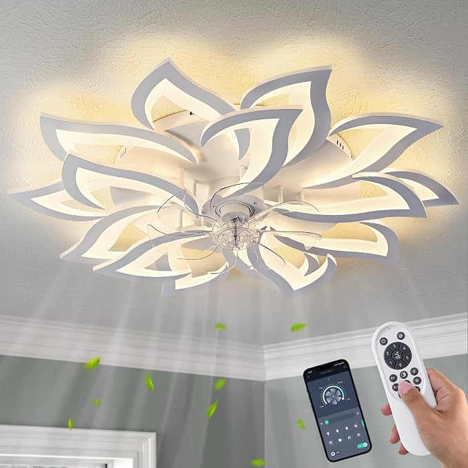 15Leaves-White Flower Modern CeilingFans with Lights, Low Profile Ceiling Fan with Remote for Bedroom, Ceiling Fan with LED Dimmable Light,3-Colors, 6-Speeds, Timing CeilingFan Light