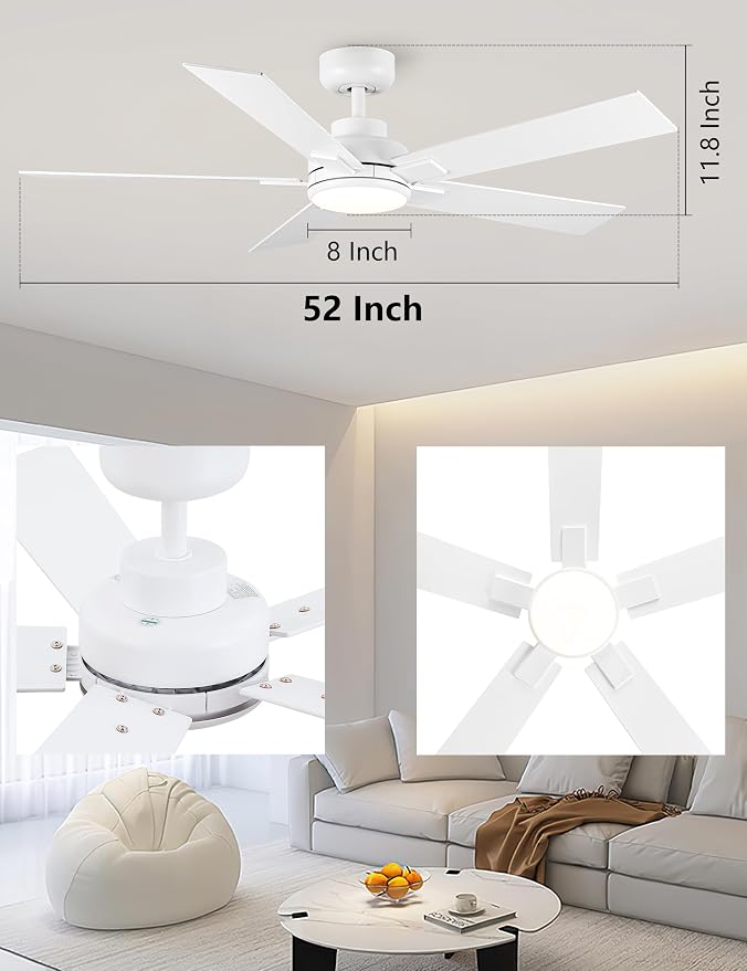 Modern Ceiling Fans with Lights - 52 inch Outdoor White Ceiling Fan with Light and Remote, Reversible DC Motor, 6-Speed Quiet 3CCT LED Dimmable for Bedroom, Indoor and Outdoor, Patios , ETL Listed