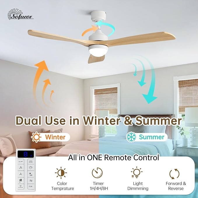 Sofucor 52" Smart Wood Ceiling Fans Lights, Flush Mount & Downrod Mount, 3 Wood Blades Modern Outdoor Ceiling Fans with Alexa/Google Assistant/APP/Remote Control for Bedroom, Farmhouse, Patio, Indoor