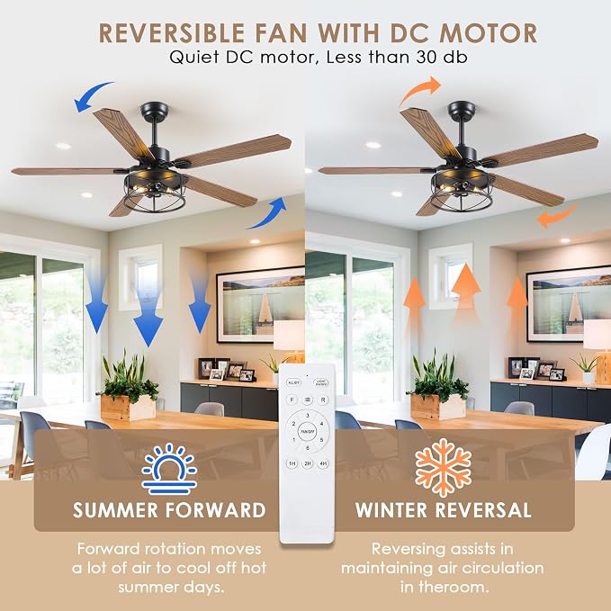 Hounberi 56" Rustic Farmhouse Ceiling Fan with Light and Remote | 5 Dual Finish Blades, 6 Speeds, Reversible DC Motor, Caged Rustic Ceiling Fan for Dining Room, Living Room, Bedroom, Porch