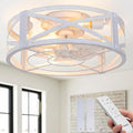 Passky 20" Farmhouse Flush Mount Ceiling Fans with Lights and Remote, Industrial White Caged Low Profile Fandelier, 6 Speeds Bladeless Ceiling Fan for Bedroom, Kitchen, Living Room