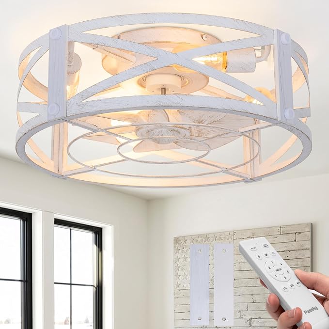 Passky 20" Farmhouse Flush Mount Ceiling Fans with Lights and Remote, Industrial White Caged Low Profile Fandelier, 6 Speeds Bladeless Ceiling Fan for Bedroom, Kitchen, Living Room